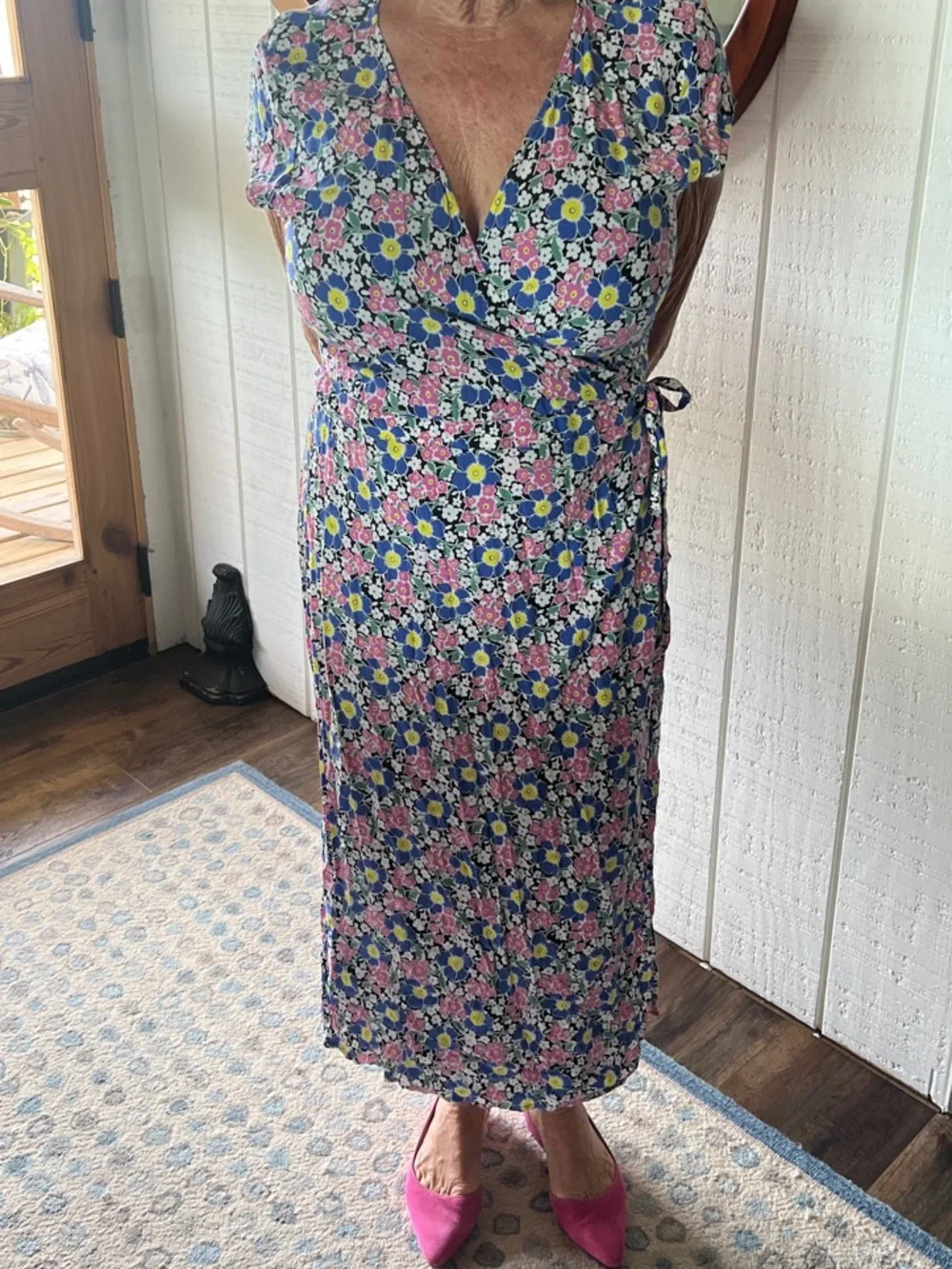 J. Crew Pink and Blue Floral Wrap-Style Midi Dress